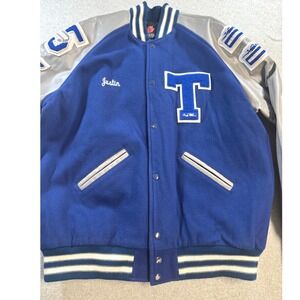 Dilly Varsity Letterman Jacket Mens XL Blue Grey Good Wool Faux Leather Patches